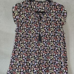 Zac & Rachel Womens XL Peasant Shirt Black Floral Pleated Cottagecore Flouce